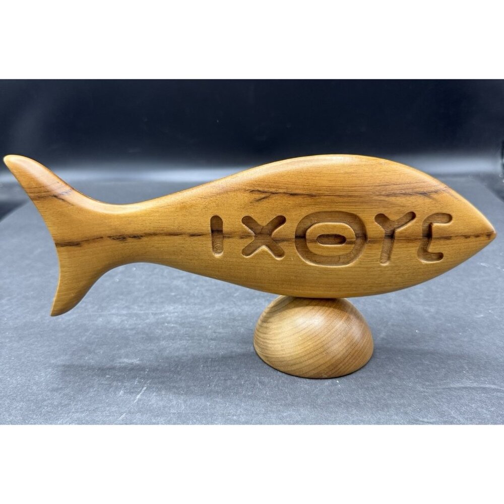 Oregon Myrtle Wood Christian Fish Greek IXOYE Sculpture Table Shelf Decor VTG